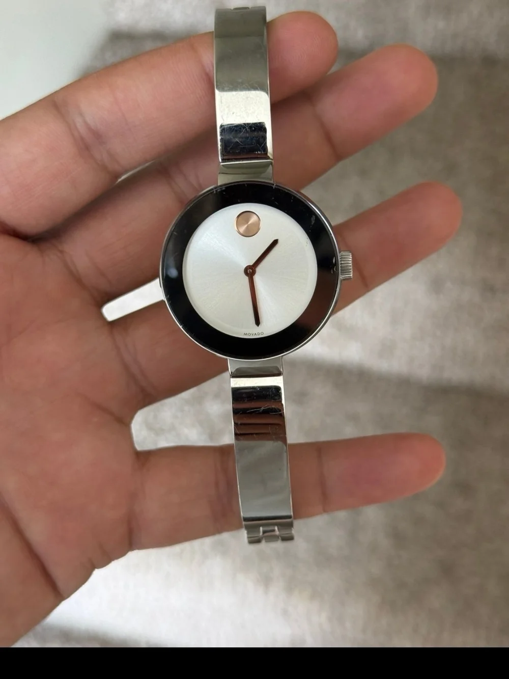 Movado Silver and Rose Gold Minimalist Bracelet Watch